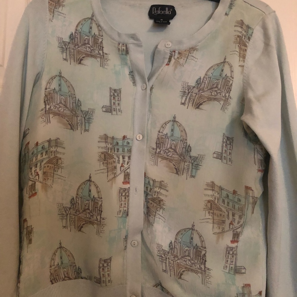 Beautiful pale green with Multi Colors on the front . Sheer silk top Cardigan.